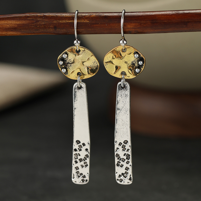 Women's Minimal Retro Dual Tone Long Bar Dangle Hook Earrings